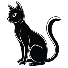 Elegant Silhouette Sitting Black Cat with Curled Tail and Contoured White Accents