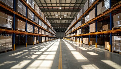Fototapeta premium Vast Warehouse Fulfillment Center with Dramatic Shadows and Racking