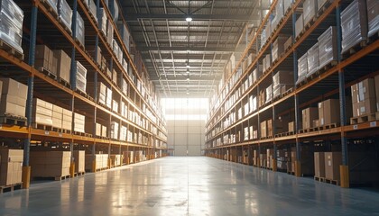 Fototapeta premium Serene Morning Light in Empty Furniture Warehouse with Shelving Units