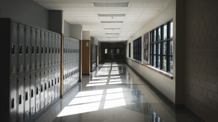 Empty corridor bathed in sunlight, highlighting lockers and creating tranquil shadows in a serene school atmosphere