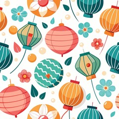 Festive Asian lanterns and flowers pattern