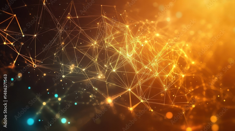 Poster abstract golden network with glowing nodes and connecting lines on a dark background design