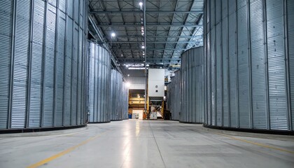 Obraz premium Vast Interior of Grain Silo with Ambient Lighting and Packing Stations