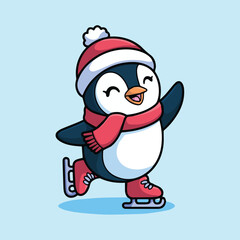 Cute cartoon penguin ice skating in red winter hat and scarf, on light blue background. Kawaii style, clean lines, festive design perfect for kids and holiday themes.