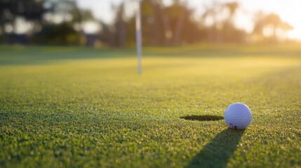 Golf ball poised on pristine green under morning light, casting long shadows with dew-drenched grass glistening near the hole and distant flag