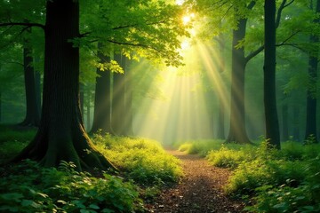 Obraz premium Golden sunlight filters through lush green forest canopy, dappling the forest floor , plant, serene