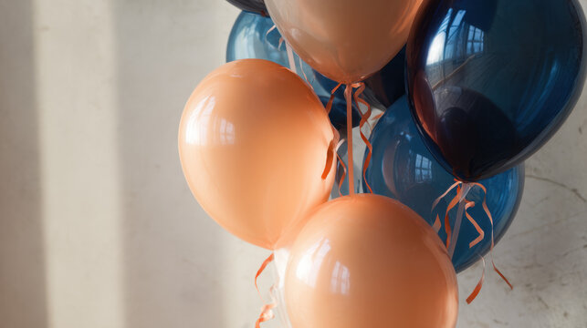 Balloons in apricot crush and stormy blue create a stylish ambiance in a sunlit room, perfect for graduation celebrations and joyful moments
