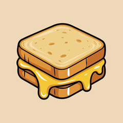 Cute kawaii grilled cheese sandwich with melty yellow cheese and golden bread. Simple lines, beige background, floating style ? perfect for food icons or kids graphics.