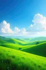 Obraz premium Serene vista of rolling green hills under a vast, clear blue sky, sunlit meadows stretching to the horizon Perfect for travel, nature, and environmental themes , expansive, rural, landscape
