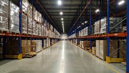 Fototapeta premium Vast Warehouse Bay at Night with Stacked Pallets and Flickering Lights