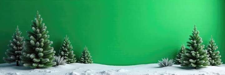 Serene winter landscape, lush green evergreen trees covered in a light dusting of snow against a vibrant green background Perfect for holiday or nature themes , color, evergreen, january