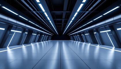 A spacious, modern office with futuristic design and advanced lighting.