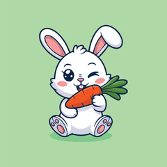 Cute kawaii white bunny winking and holding a big carrot in its mouth. Adorable chibi-style vector on mint green background, perfect for kids, stickers, or prints.