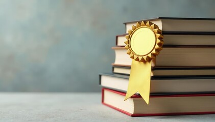 Stack of books with a golden award ribbon, signifying achievement and success , book stack, bestseller books, ribbon