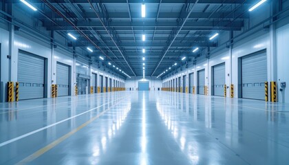 Fototapeta premium Vast Refrigerated Warehouse with Loading Docks in Cool Ambient Light