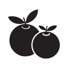 Simple black orange fruit icon silhouette with leaves on a white background, modern minimalist style symbolizing freshness and health