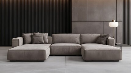 Modern Interior Design: Spacious Sectional Sofa with Neutral Tones and Textured Walls for Contemporary Living Space.