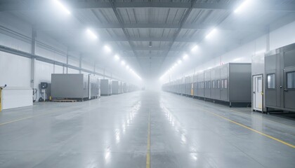 Fototapeta premium Vast Refrigerated Warehouse with Packing Stations in Misty Atmosphere