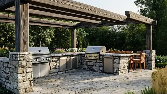 Outdoor kitchen setup with stone countertops and grills, surrounded by lush greenery and seating area