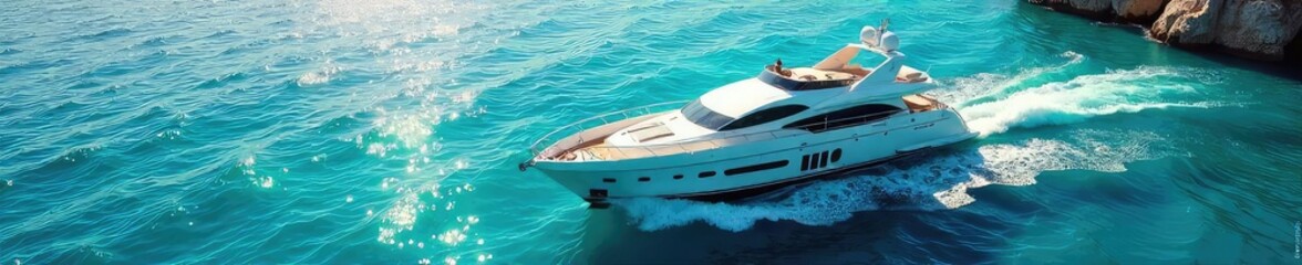 Fototapeta premium Sun-drenched yacht gliding across the azure Mediterranean, turquoise waters sparkling, opulent details visible Luxury travel, escape, summer bliss embodied , relaxation, yacht
