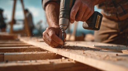 A man is using a drill to make a hole in a piece of wood