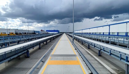 Naklejka premium Vast Storage Facility with Conveyor Belts Under Stormy Skies