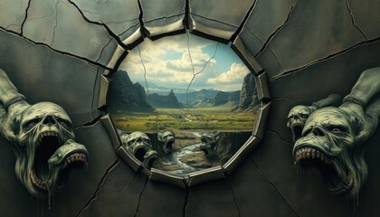 Surreal Portal: Monsters Guarding a Landscape View
