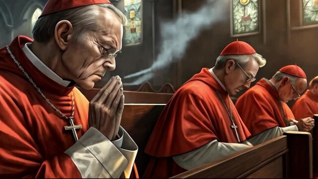 Catholic cardinals dressed in red vestments sit solemnly in pews, praying and silently awaiting the smoke signal during the papal conclave.
