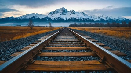 Fototapeta premium Lonely Train Tracks Through Foggy Field Leading to Snow Capped Mountains 