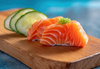 Fresh salmon sashimi with cucumber slices on a wooden board.