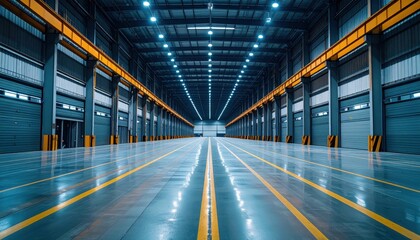 Obraz premium Vast Warehouse Interior with Loading Docks Under Cool Ambient Lighting