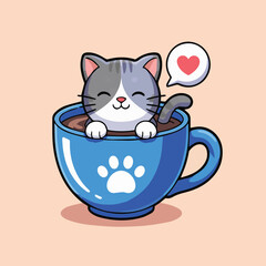 Cute cartoon of a gray and white cat sitting contentedly in a blue teacup filled with coffee. Features a paw print on the cup, red heart speech bubble, and peach background.
