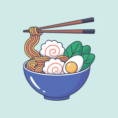 Cartoon illustration of a blue ceramic bowl filled with spiral ramen noodles, chashu, egg, greens, and chopsticks above, set against a light mint green background.