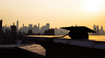 Obraz premium Graduation cap rests on a rooftop edge as the city skyline glows in golden hour light, symbolizing achievement and new beginnings in an urban setting