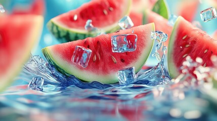 A vibrant slice of watermelon surrounded by splashes of water and ice cubes,