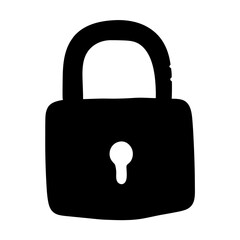 Black Silhouette of Padlock with Keyhole, Solid black silhouette of a padlock with a rounded shackle and keyhole, symbolizing security, protection, and privacy.
