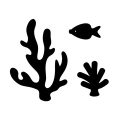 Black Silhouettes of Coral and Small Fish, Solid black silhouettes depicting two coral branches and a small fish, representing underwater marine life and ocean habitat.
