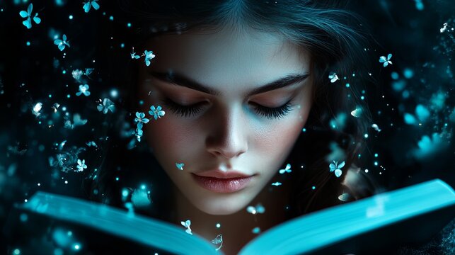 Young woman reads a glowing book with eyes closed in a dark setting surrounded by floating flowers! - Powered by Adobe