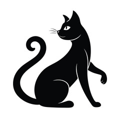 Elegant Silhouette Black Cat Sitting, Tail Curled, Looking Back over Shoulder
