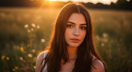 Fototapeta premium Portrait of a stunning woman bathed in the warm light of a golden sunset, looking beautiful.
