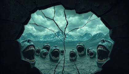 Surreal Stone Heads Chanting, Ruined Wall, Mountain View