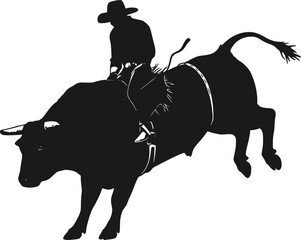 Vector silhouettes of a rodeo cowboy riding a bucking bull.
