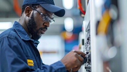Focused African American Technician Inspecting Electrical Panel in Industrial Setting