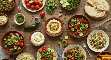 A beautiful overhead shot of a colorful spread of mediterranean dishes on a wooden table.