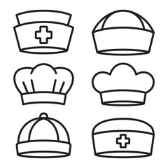 Collection of Six Different Professional Hats Line Art Icons Nurse Chef Hat