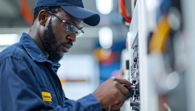 Focused African American Technician Inspecting Electrical Panel in Industrial Setting