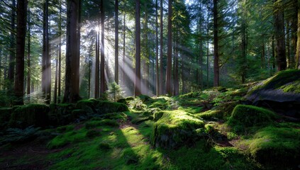 Fototapeta premium Sunbeams Illuminate Lush Mossy Forest Floor Tranquil Nature Scene Peaceful Woodland