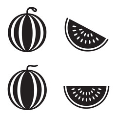 Simple black watermelon fruit icon silhouette with leaves on a white background, modern minimalist style symbolizing freshness and health