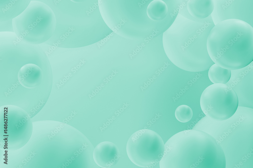 Poster Modern abstract art background with aqua green spheres as blank frame for text and soft focus in tranquil background setting for decor. Copy space. 3D rendering. Fluid and calm abstract pattern.