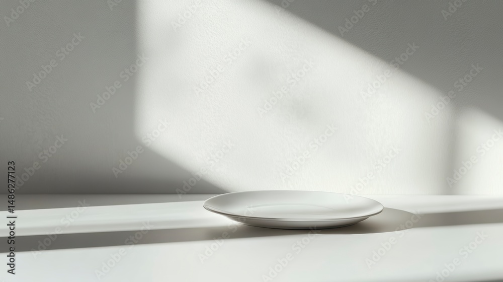 Poster minimalist scene of an empty white plate in sunlight on a white surface against a white wall.